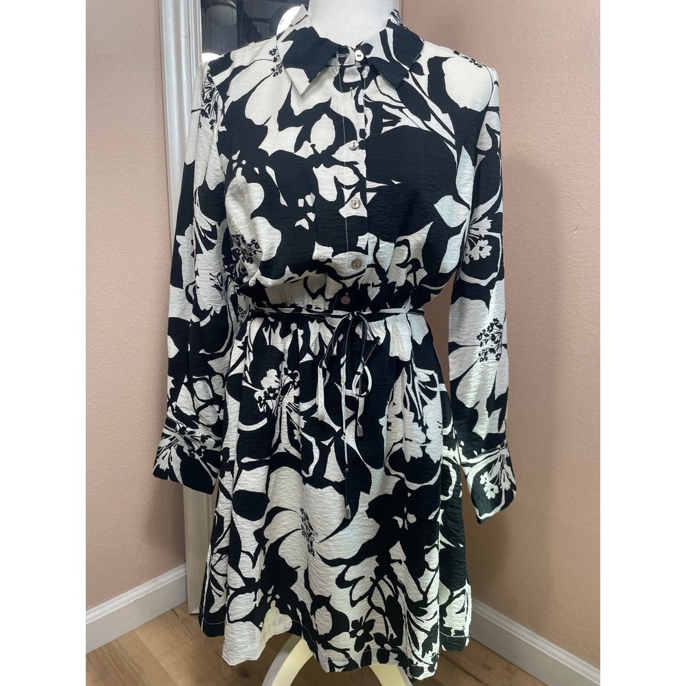 Sam Edelman NWT Floral Button Front Dress Black White Belted Size 10 - Picture 1 of 8